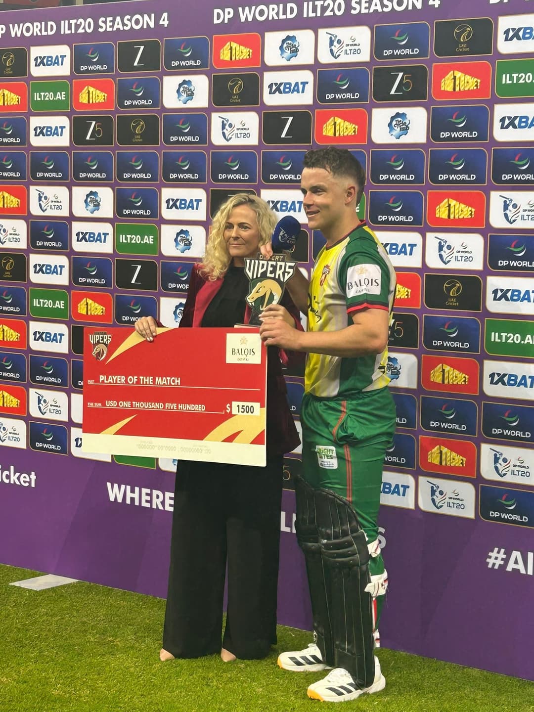CEO Laura Mann with our Player of the Match Sam Curran